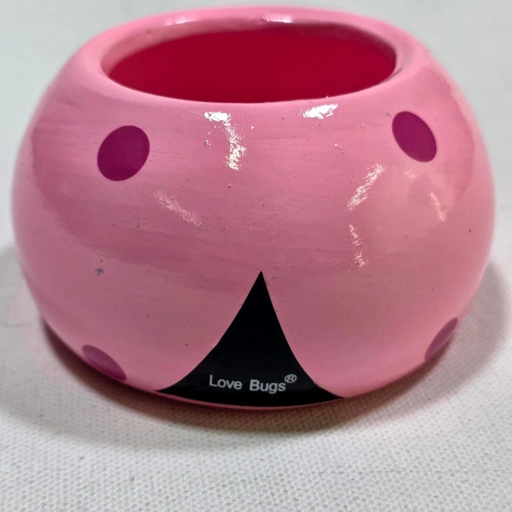 Love Bugs Ladybug Ceramic Planter Small Pink Purple Polka Dot Trinket Dish Decor